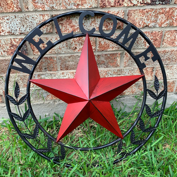 24" WELCOME LEAF LEAVES STAR METAL WALL ART WESTERN HOME DECOR RUSTIC RED HANDMADE