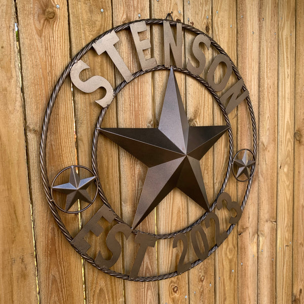 STENSON STYLE YOUR CUSTOM STAR NAME BARN METAL STAR 3d TWISTED ROPE RING WESTERN HOME DECOR RUSTIC BRONZE COPPER NEW HANDMADE 24",32",34",36",40",42",44",46",50"