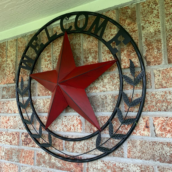24" WELCOME LEAF LEAVES STAR METAL WALL ART WESTERN HOME DECOR RUSTIC RED HANDMADE