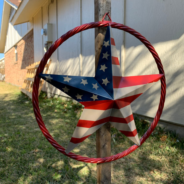 AMERICAN Flag USA Metal Barn Star RED , BEIGE, NAVY BLUE WITH RED Rope Ring Western Home Decor Handmade 12",16",24",30",34",36",40",48"