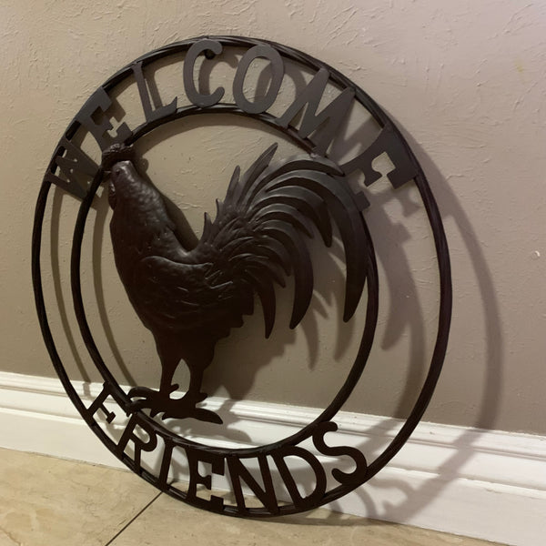 24" WELCOME FRIENDS ROOSTER WESTERN METAL ANIMAL ART HOME WALL ART RUSTIC BROWN COLOR