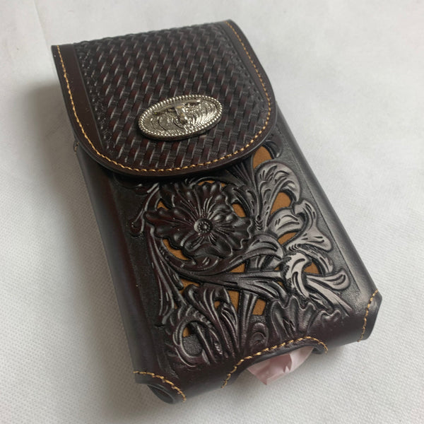 #LG2002 7.5" LONGHORN COFFEE BROWN & BEIGE  LEATHER POUCH EXTRA LARGE  BELT LOOP HOLSTER CELL PHONE CASE UNIVERSAL OVERSIZE