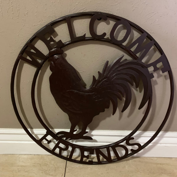 24" WELCOME FRIENDS ROOSTER WESTERN METAL ANIMAL ART HOME WALL ART RUSTIC BROWN COLOR