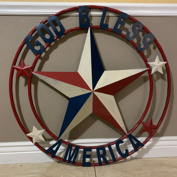 #EH10489 GOD BLESS AMERICA USA FLAG BARN STAR METAL RED WHITE BLUE WESTER HOME DECOR HANDMADE NEW