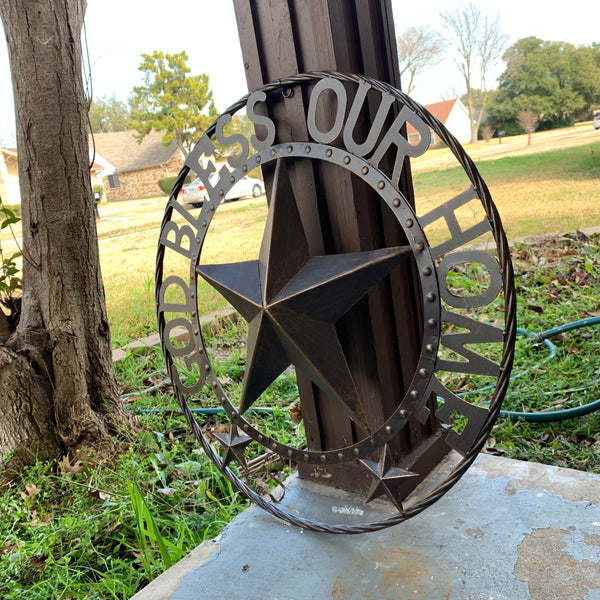 24" GOD BLESS OUR HOME BEADED BARN STAR WITH TWISTED ROPE RING DESIGN METAL WALL ART WESTERN HOME DECOR VINTAGE RUSTIC DARK BRONZE COPPER NEW