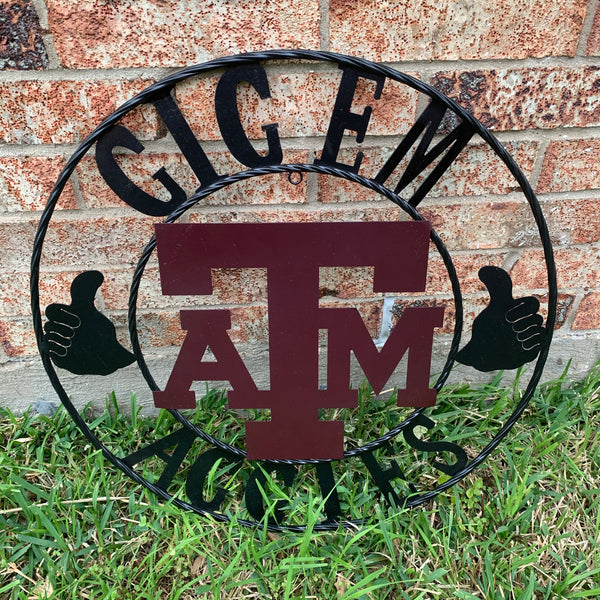 TEXAS A&M, GIGEM AGGIES THUMBS UP METAL CUSTOM VINTAGE CRAFT TEAM SIGN HANDMADE