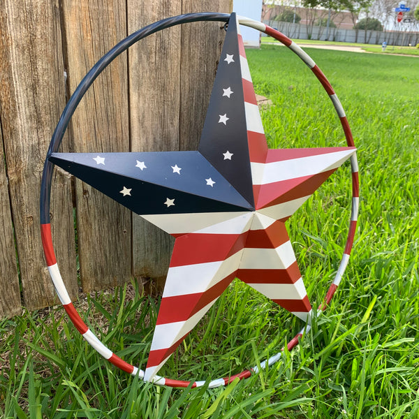AMERICAN USA FLAG STAR METAL Barn Rope RING WITH RED WHT & NAVY BLUE STAR & RING Western Handmade 12",16",24",32"36",38",40",48"