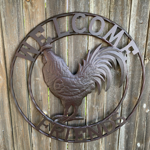 24" WELCOME FRIENDS ROOSTER WESTERN METAL ANIMAL ART HOME WALL ART RUSTIC BROWN COLOR