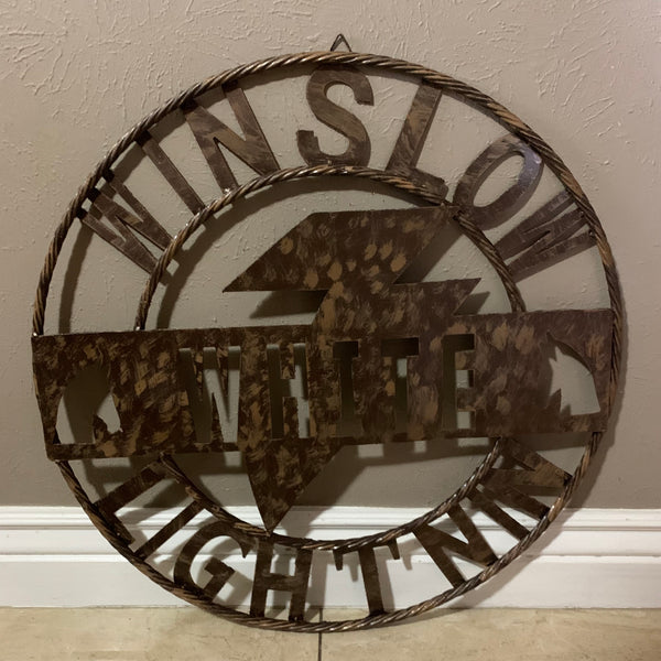 CUSTOM NAME LIGHTNIN HORSE SIGN RAW METAL BARN ROPE RING WESTERN HOME DECOR HANDMADE 24",32",36"