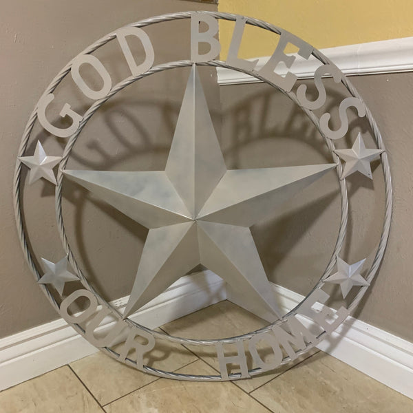 36" GOD BLESS OUR HOME RUSTIC BEIGE BARN METAL STAR ROPE RING WALL ART WESTERN HOME DECOR--FREE SHIPPING