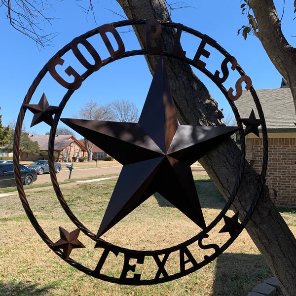 #EH11085 GOD BLESS TEXAS BROWN BARN STAR METAL LONE STAR TWISTED ROPE RING WESTERN HOME DECOR HANDMADE NEW
