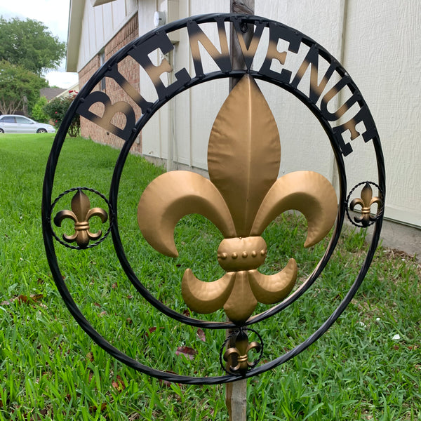 BIENVENUE FLEUR DE LIS METAL WALL ART WESTERN HOME DECOR RUSTIC GOLD & BLACK NEW--FREE SHIPPING