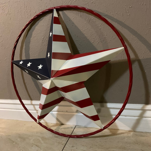 AMERICAN Flag USA Metal Barn Star RED, WHITE & BLUE WITH RED Rope Ring Western Home Decor Handmade 12",16",24",30",34",36",40",48"