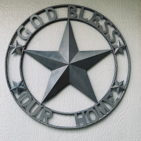 36" GOD BLESS OUR HOME RUSTIC BEIGE BARN METAL STAR ROPE RING WALL ART WESTERN HOME DECOR--FREE SHIPPING
