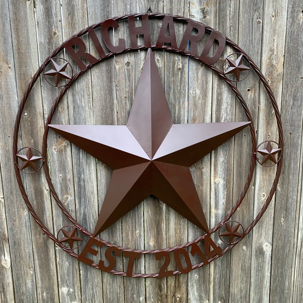 LOPEZ CUSTOM STAR NAME BARN METAL STAR 3d TWISTED ROPE RING WESTERN HOME DECOR RUSTIC  BRONZE HANDMADE 24",32",34",36",40",42",44",46",50"