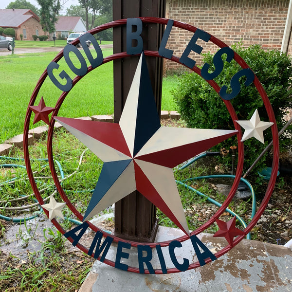 #EH10489 GOD BLESS AMERICA USA FLAG BARN STAR METAL RED WHITE BLUE WESTER HOME DECOR HANDMADE NEW