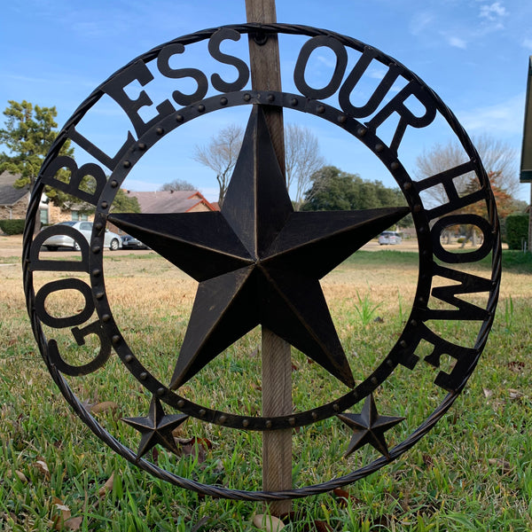24" GOD BLESS OUR HOME BEADED BARN STAR WITH TWISTED ROPE RING DESIGN METAL WALL ART WESTERN HOME DECOR VINTAGE RUSTIC DARK BRONZE COPPER NEW