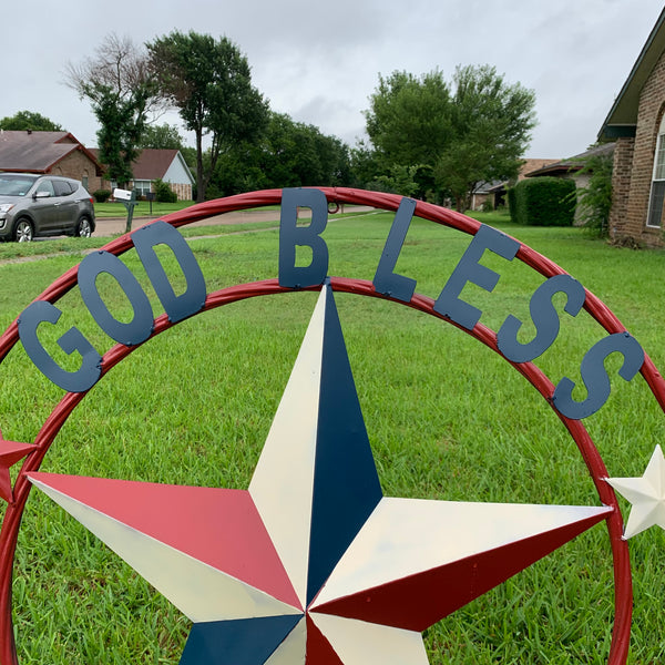 #EH10489 GOD BLESS AMERICA USA FLAG BARN STAR METAL RED WHITE BLUE WESTER HOME DECOR HANDMADE NEW