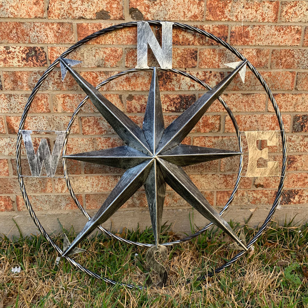 36" COMPASS GREY METAL ART WESTERN METAL ART HOME WALL DECOR RUSTIC GREY