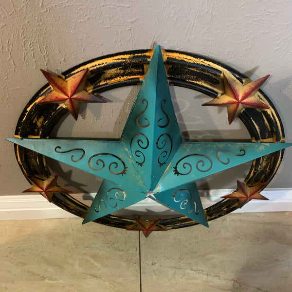 #RT5045 TURQUOISE CARVED CUT STAR 26",36", BARN METAL WESTERN HOME DECOR HANDMADE NEW