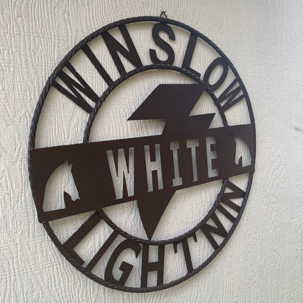 CUSTOM NAME LIGHTNIN HORSE SIGN RAW METAL BARN ROPE RING WESTERN HOME DECOR HANDMADE 24",32",36"