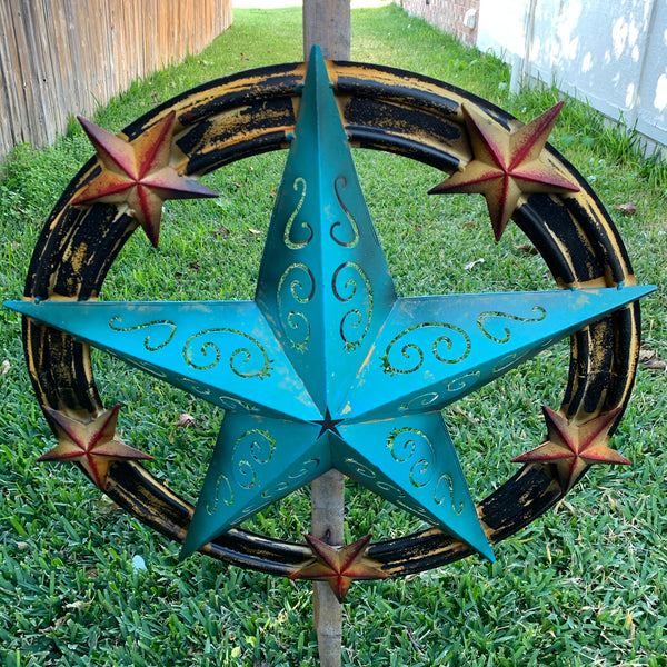 #RT5045 TURQUOISE CARVED CUT STAR 26",36", BARN METAL WESTERN HOME DECOR HANDMADE NEW