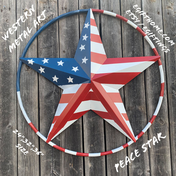 PEACE STAR SIGN METAL RED WHT BLUE STAR WESTERN HOME DECOR HANDMADE 12",16",24",32"36",38",40",48"