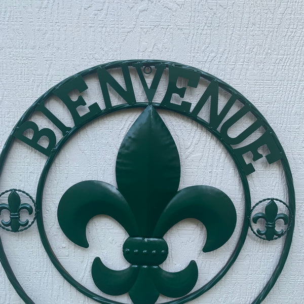 24", 32" GLOSSY HUNTER GREEN FLEUR DE LIS BIENVENUE METAL WALL ART WESTERN HOME DECOR