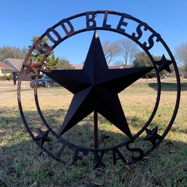 #EH11085 GOD BLESS TEXAS BROWN BARN STAR METAL LONE STAR TWISTED ROPE RING WESTERN HOME DECOR HANDMADE NEW