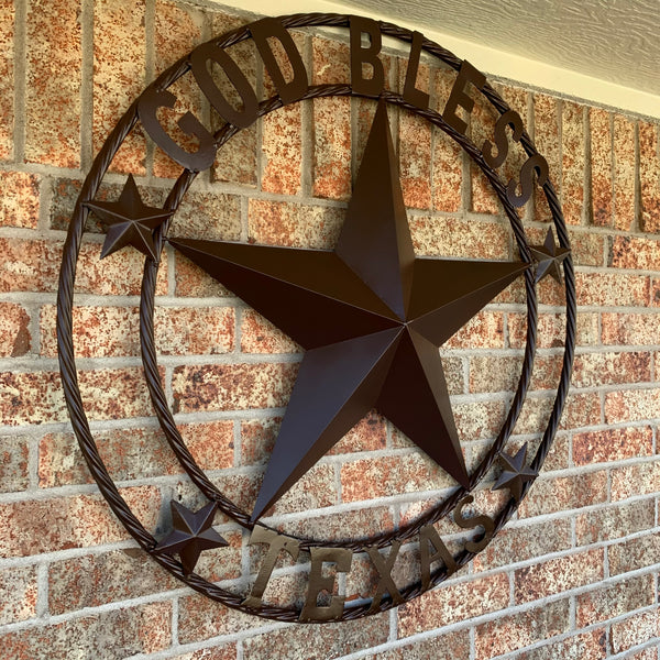 #EH11085 GOD BLESS TEXAS BROWN BARN STAR METAL LONE STAR TWISTED ROPE RING WESTERN HOME DECOR HANDMADE NEW