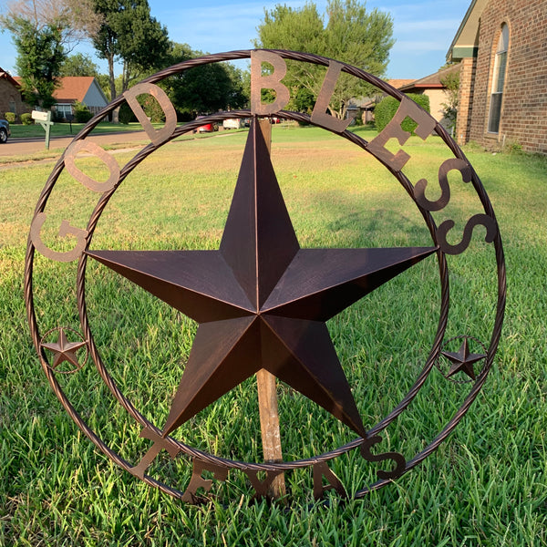 #EH10197 GOD BLESS TEXAS BARN STAR METAL LONESTAR TWISTED ROPE RING WESTERN HOME DECOR HANDMADE NEW