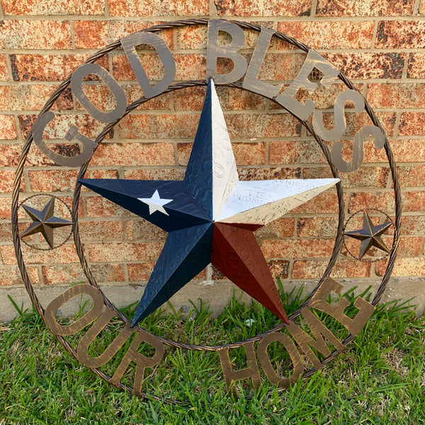 24", 32", 40" GOD BLESS OUR HOME LICENSE PLATE BARN METAL STAR ROPE RING WALL ART WESTERN HOME DECOR RED WHITE & BLUE