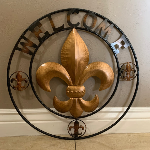 24", 32" WELCOME FLEUR DE LIS METAL WALL ART WESTERN HOME DECOR GOLD & BLACK