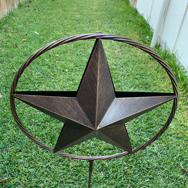12",16",24" DOUBLE STAR ON STAKE METAL BRONZE COPPER BARN STAR WITH TWISTED ROPE RING CRAFT WESTERN HOME DECOR RUSTIC DECOR