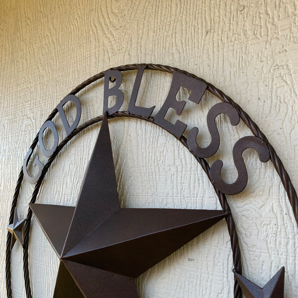 #EH11021 GOD BLESS OUR HOME BARN METAL STAR TWISTED ROPE RING WESTERN HOME DECOR HANDMADE NEW