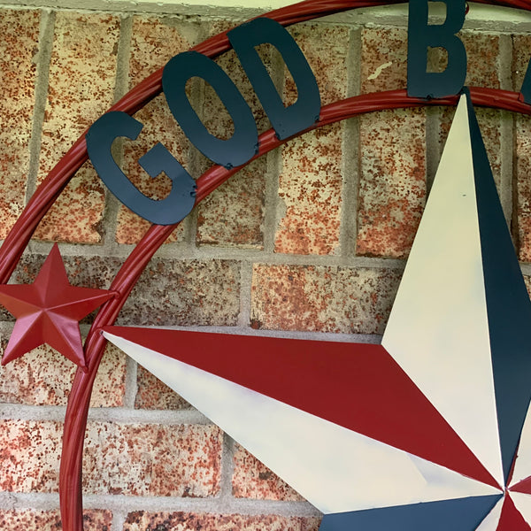 #EH10489 GOD BLESS AMERICA USA FLAG BARN STAR METAL RED WHITE BLUE WESTER HOME DECOR HANDMADE NEW