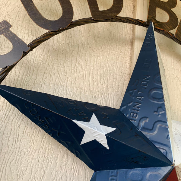 24", 32", 40" GOD BLESS OUR HOME LICENSE PLATE BARN METAL STAR ROPE RING WALL ART WESTERN HOME DECOR RED WHITE & BLUE