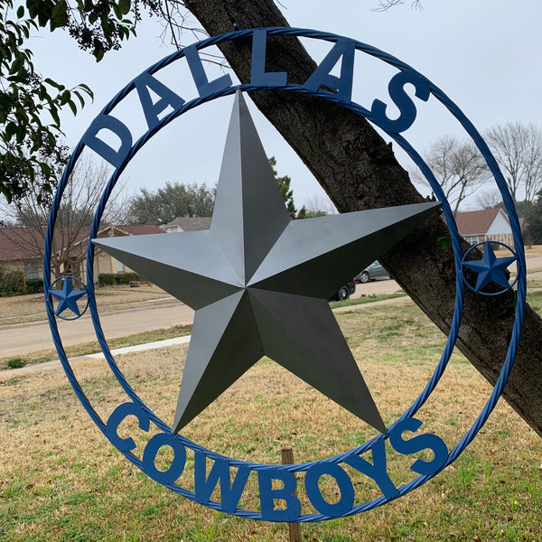 DALLAS COWBOYS SILVER & LIGHT BLUE BARN STAR CUSTOM VINTAGE METAL LONE STAR ART WESTERN HOME DECOR SIZE:24",32",36",40",42",44",46",50"