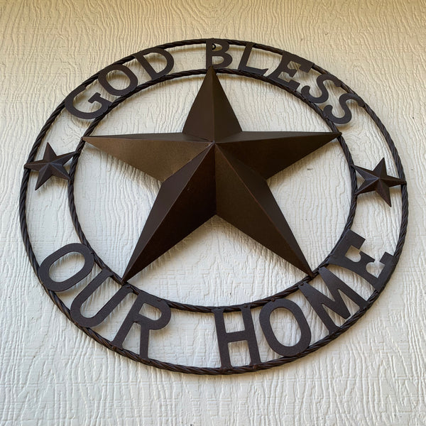 #EH11021 GOD BLESS OUR HOME BARN METAL STAR TWISTED ROPE RING WESTERN HOME DECOR HANDMADE NEW