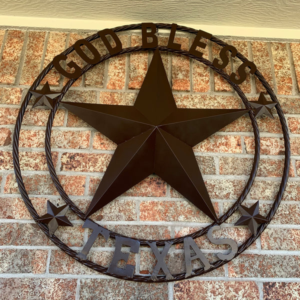 #EH11085 GOD BLESS TEXAS BROWN BARN STAR METAL LONE STAR TWISTED ROPE RING WESTERN HOME DECOR HANDMADE NEW