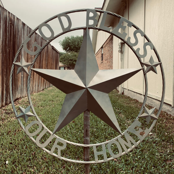 36" GOD BLESS OUR HOME RUSTIC BEIGE BARN METAL STAR ROPE RING WALL ART WESTERN HOME DECOR--FREE SHIPPING