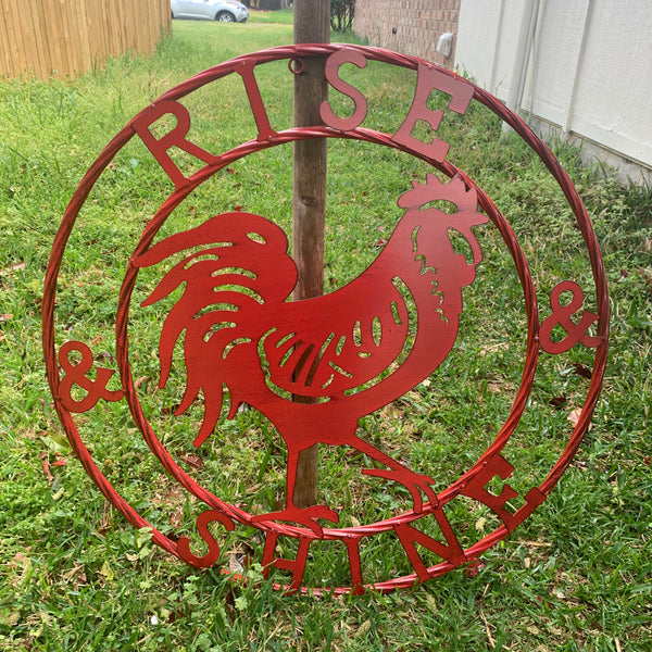 #SI_B9504 RISE & SHINE 24" RED ROOSTER CHICKEN METAL SIGN WESTERN HOME DECOR HANDMADE NEW