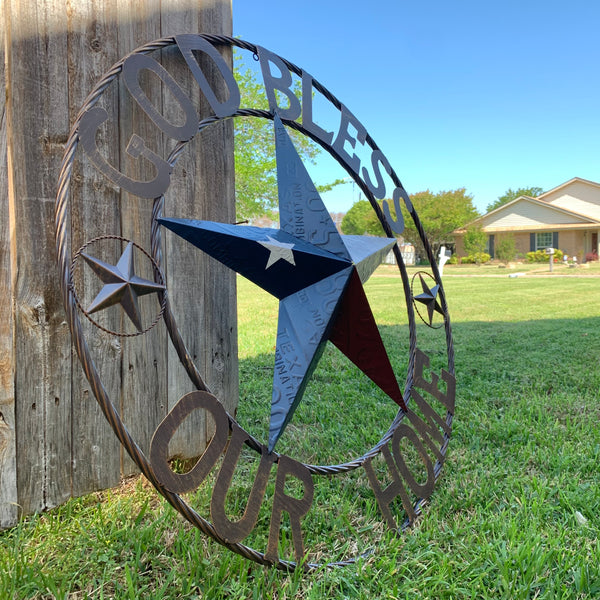 24", 32", 40" GOD BLESS OUR HOME LICENSE PLATE BARN METAL STAR ROPE RING WALL ART WESTERN HOME DECOR RED WHITE & BLUE