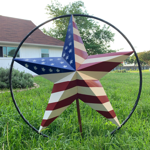 AMERICAN Flag USA Metal Barn Star RED WHITE & BLUE with Black Rope Ring Western Home Decor Handmade 12",16",24",30",34",36",40",48"