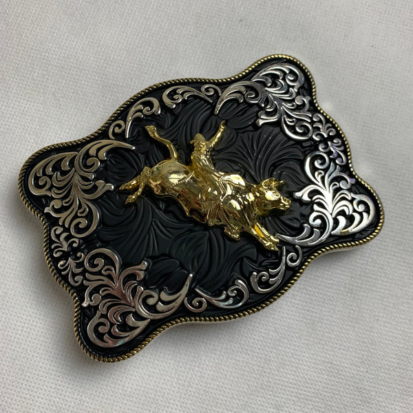 4.5" X 3.5" RODEO BELT BUCKLE BLACK SILVER & GOLD WESTERN BUCKLE FASHION ART NEW #EH12269