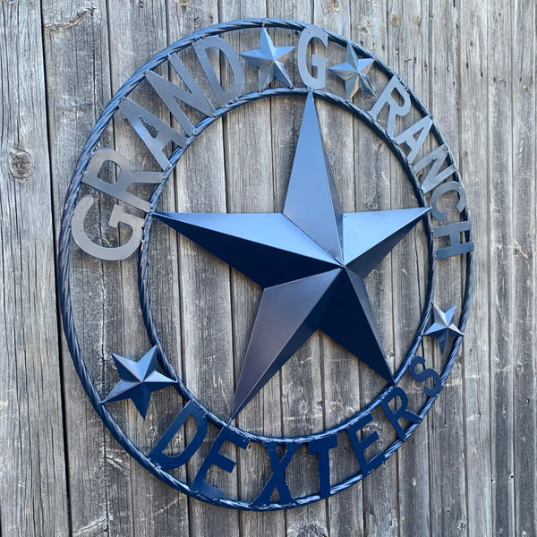 GRAND G RANCH STYLE CUSTOM NAME STAR RUSTIC NAVY BLUE METAL BARN STAR ROPE RING WESTERN HOME DECOR HANDMADE