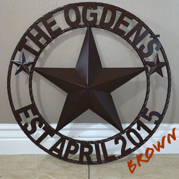 LOPEZ CUSTOM STAR NAME BARN METAL STAR 3d TWISTED ROPE RING WESTERN HOME DECOR RUSTIC  BRONZE HANDMADE 24",32",34",36",40",42",44",46",50"