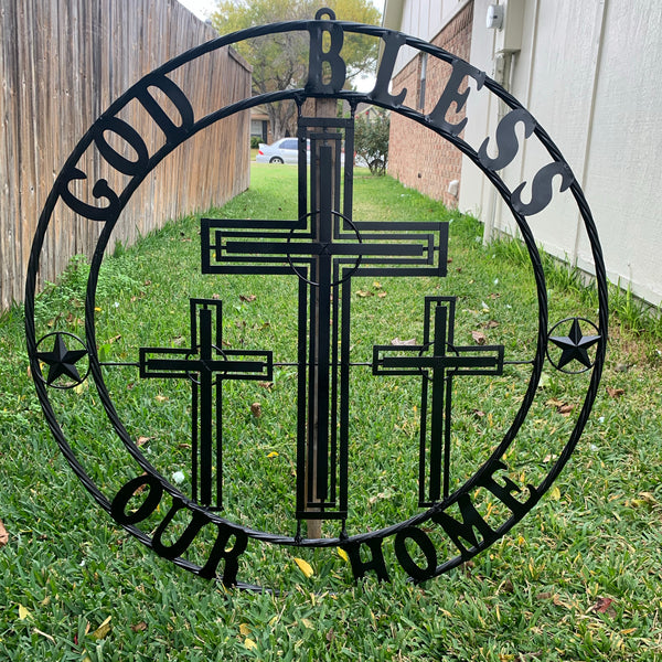 40"GOD BLESS OUR HOME CRUCIFIX CROSS METAL WALL ART BLACK HANDMADE NEW