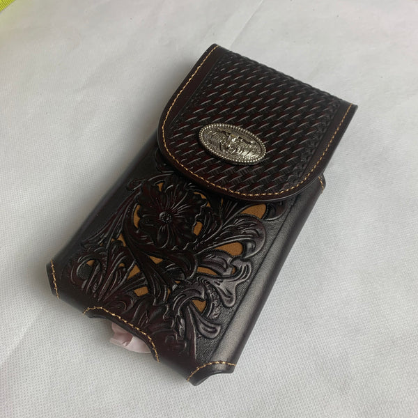#LG2002 7.5" LONGHORN COFFEE BROWN & BEIGE  LEATHER POUCH EXTRA LARGE  BELT LOOP HOLSTER CELL PHONE CASE UNIVERSAL OVERSIZE