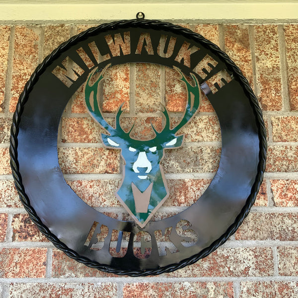 24" MILWAUKEE BUCKS WIDE BAND DISC STYLE METAL CUSTOM VINTAGE CRAFT TEAM SPORTS SIGN HANDMADE